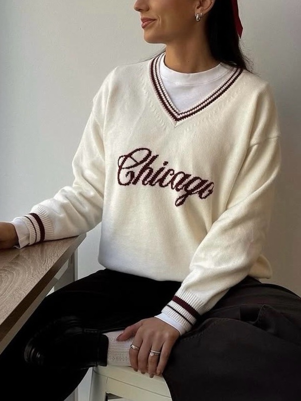 Women's Cream Chicago V-Neck Sweater with Burgundy Script